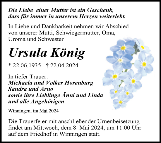 Traueranzeige von Ursula König von Trauerkombi Aschersleben