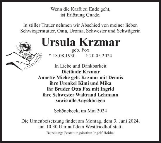 Traueranzeige von Ursula Krzmar von Volksstimme Schönebeck