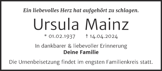 Traueranzeige von Ursula Mainz von Mitteldeutsche Zeitung Halle/Saalkreis