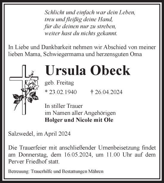 Traueranzeige von Ursula Obeck von Volksstimme Altmark West