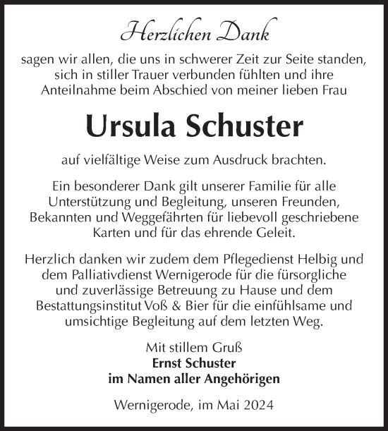 Traueranzeige von Ursula Schuster von Volksstimme Wernigerode