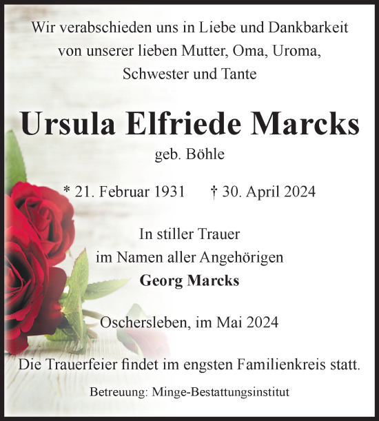 Traueranzeige von Ursula Elfriede Marcks von Volksstimme Oschersleben/Wanzleben