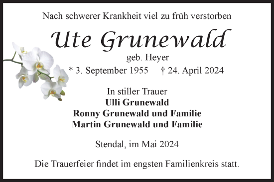 Traueranzeige von Ute Grunewald von Volksstimme Altmark Ost