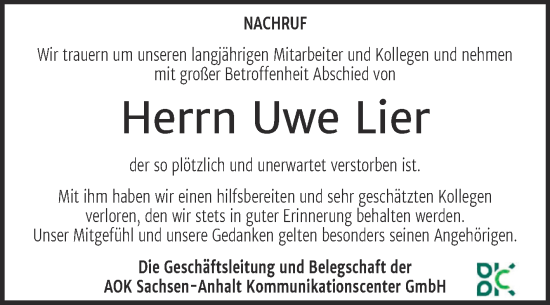 Traueranzeige von Uwe Lier von Super Sonntag Bernburg