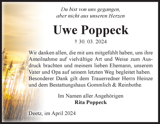 Traueranzeige von Uwe Poppeck von Volksstimme Zerbst