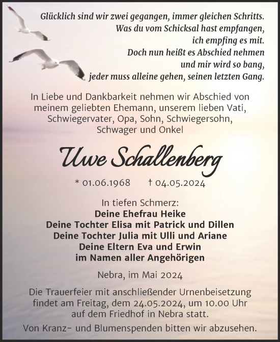 Traueranzeige von Uwe Schallenberg von Naumburger Tageblatt