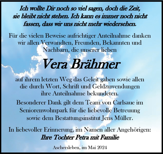 Traueranzeige von Vera Brähmer von Trauerkombi Aschersleben