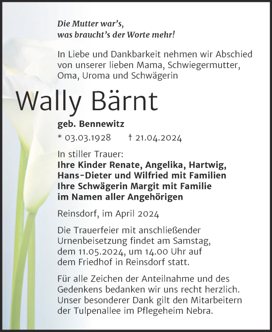 Traueranzeige von Wally Bärnt von Super Sonntag Naumburg/Nebra