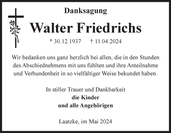 Traueranzeige von Walter Friedrichs von Volksstimme Altmark West