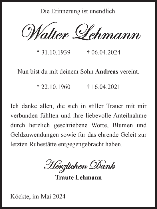 Traueranzeige von Walter Lehmann von Volksstimme Altmark Ost