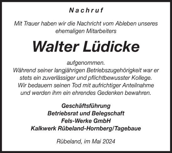 Traueranzeige von Walter Lüdicke von Volksstimme Wernigerode