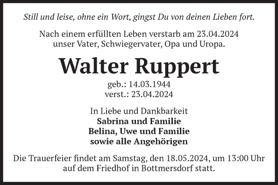 Traueranzeige von Walter Ruppert von Volksstimme Oschersleben/Wanzleben