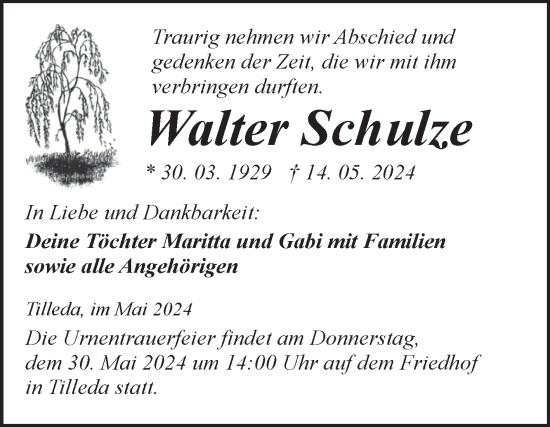 Traueranzeige von Walter Schulze von Trauerkombi Sangerhausen