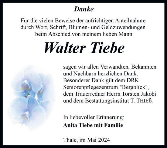 Traueranzeige von Walter Tiebe von Trauerkombi Quedlinburg