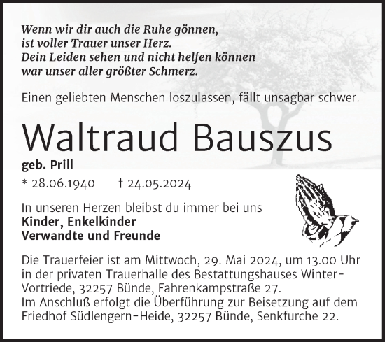 Traueranzeige von Waltraud Bauszus von Mitteldeutsche Zeitung Sangerhausen