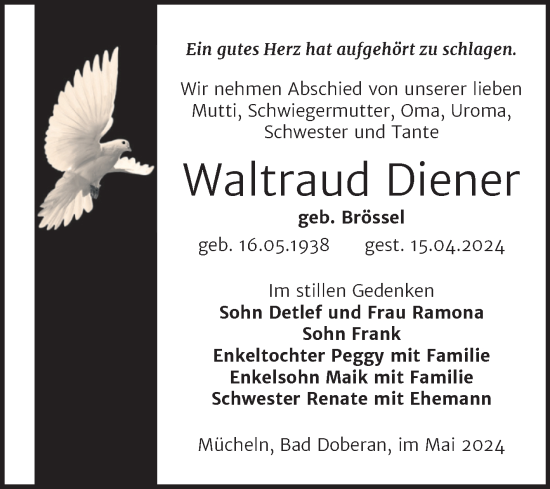 Traueranzeige von Waltraud Diener von Trauerkombi Merseburg