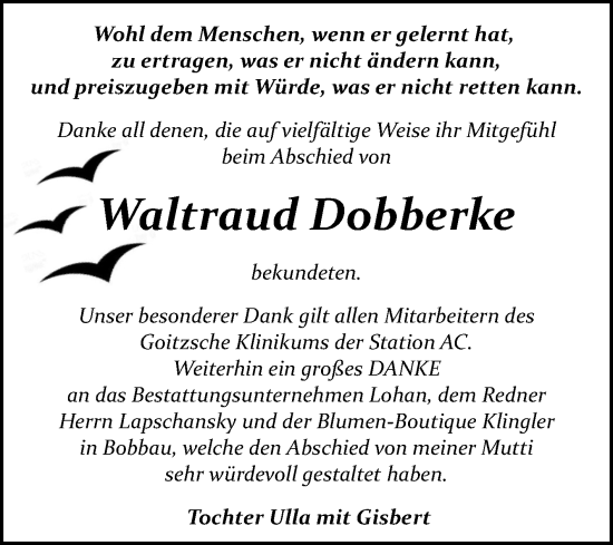 Traueranzeige von Waltraud Dobberke von Trauerkombi Bitterfeld