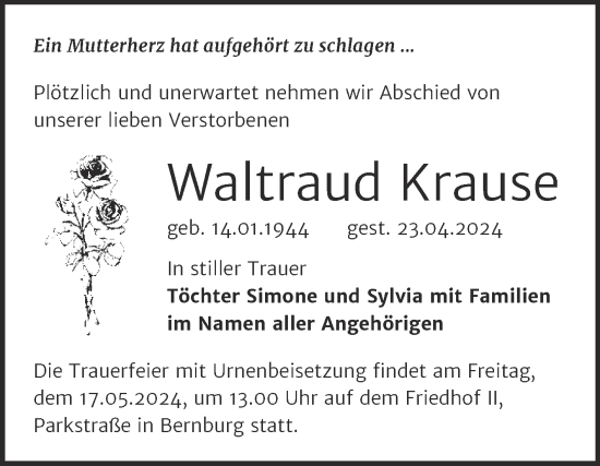 Traueranzeige von Waltraud Krause von Trauerkombi Bernburg
