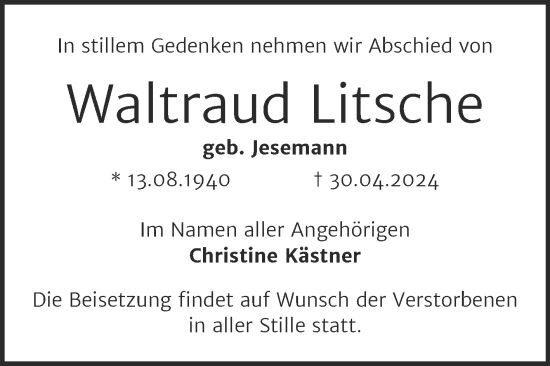 Traueranzeige von Waltraud Litsche von Mitteldeutsche Zeitung Halle/Saalkreis