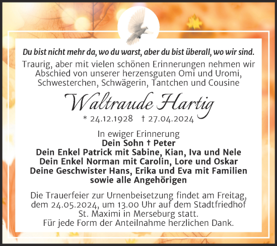 Traueranzeige von Waltraude Hartig von Trauerkombi Merseburg