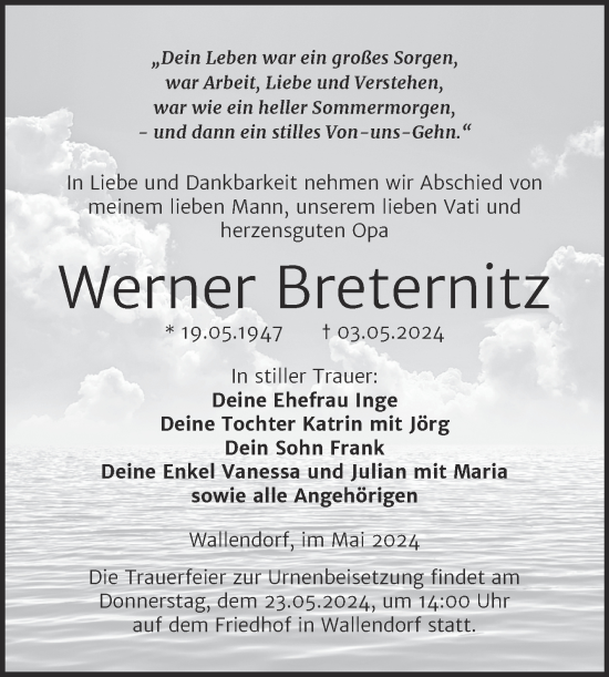 Traueranzeige von Werner Breternitz von Trauerkombi Merseburg