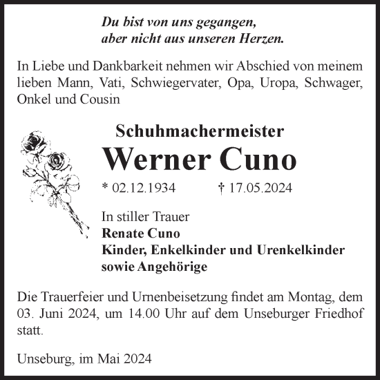 Traueranzeige von Werner Cuno von Volksstimme Staßfurt