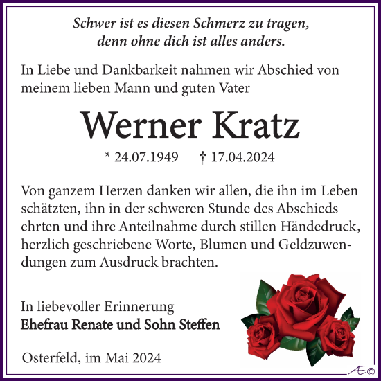 Traueranzeige von Werner Kratz von Trauerkombi Zeitz