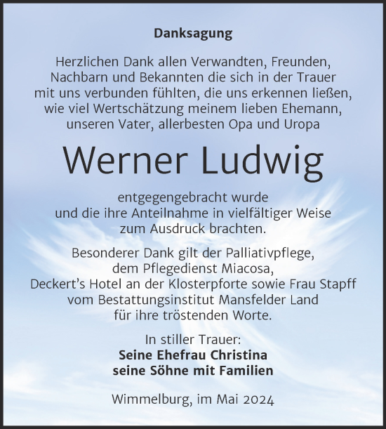 Traueranzeige von Werner Ludwig von Trauerkombi Mansfelder Land