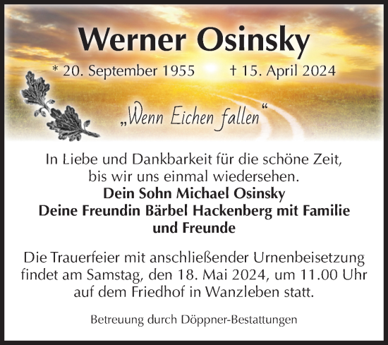 Traueranzeige von Werner Osinsky von Volksstimme Oschersleben/Wanzleben