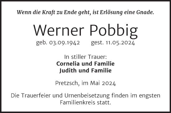 Traueranzeige von Werner Pobbig von Trauerkombi Wittenberg