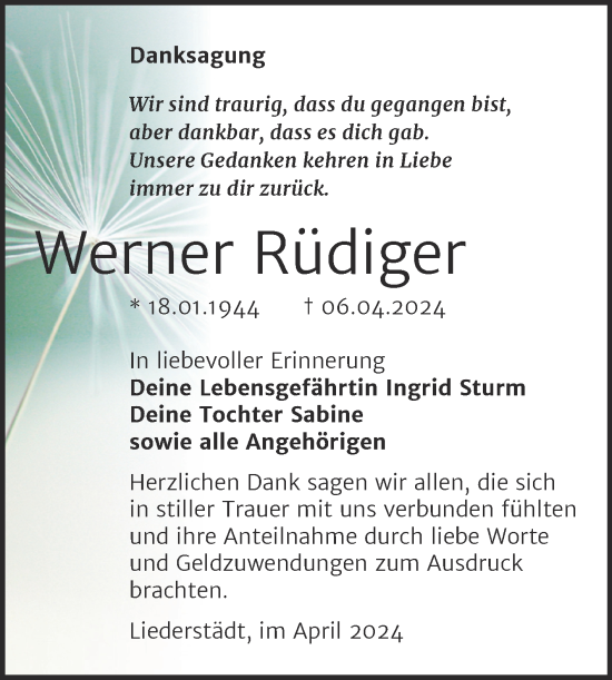 Traueranzeige von Werner Rüdiger von Trauerkombi Merseburg