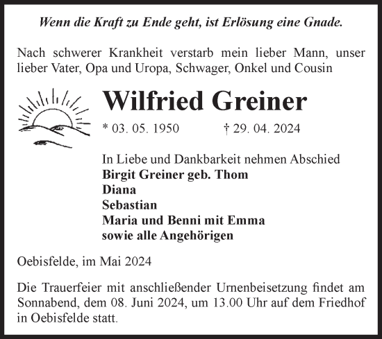 Traueranzeige von Wilfried Greiner von Volksstimme Altmark West