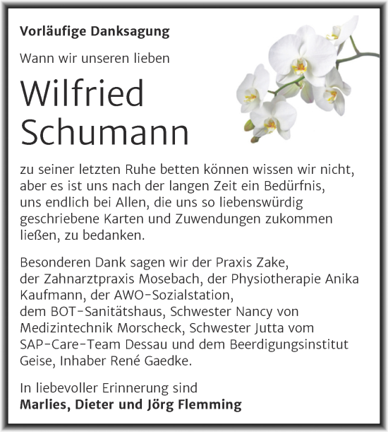 Traueranzeige von Wilfried Schumann von Trauerkombi Köthen