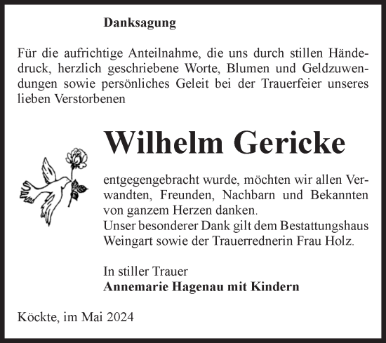 Traueranzeige von Wilhelm Gericke von Volksstimme Altmark West