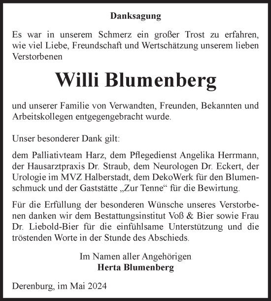 Traueranzeige von Willi Blumenberg von Volksstimme Wernigerode