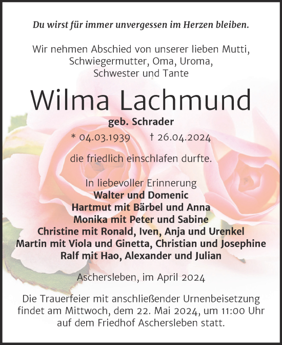 Traueranzeige von Wilma Lachmund von Trauerkombi Aschersleben