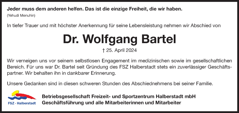  Traueranzeige für Wolfgang Bartel vom 04.05.2024 aus Volksstimme Halberstadt