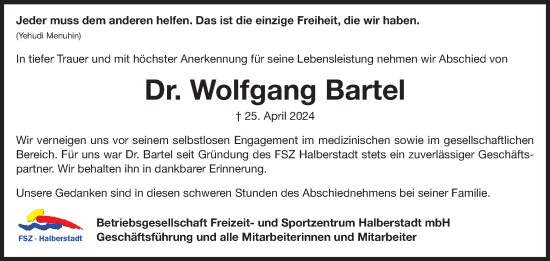 Traueranzeige von Wolfgang Bartel von Volksstimme Halberstadt