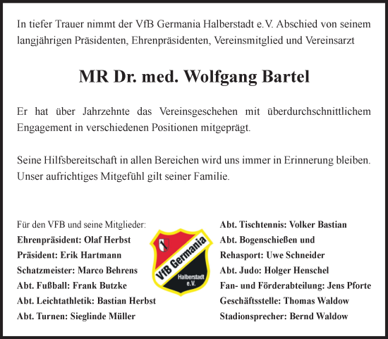 Traueranzeige von Wolfgang Bartel von Volksstimme Halberstadt