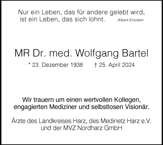 Traueranzeige von Wolfgang Bartel von Volksstimme Halberstadt