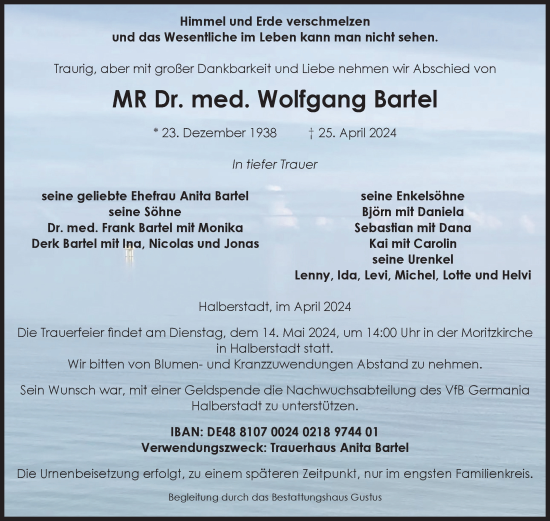 Traueranzeige von Wolfgang Bartel von Volksstimme Halberstadt