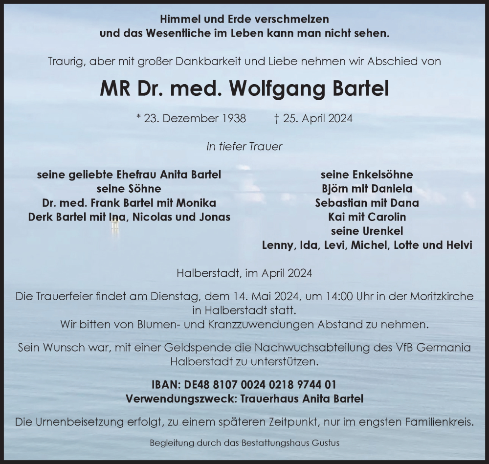  Traueranzeige für Wolfgang Bartel vom 04.05.2024 aus Volksstimme Halberstadt