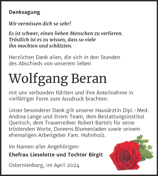 Traueranzeige von Wolfgang Beran von Trauerkombi Köthen