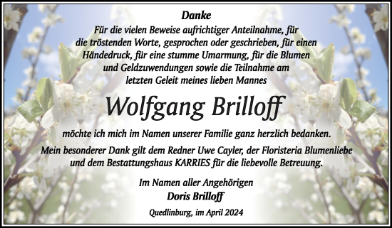 Traueranzeige von Wolfgang Brilloff von Trauerkombi Quedlinburg