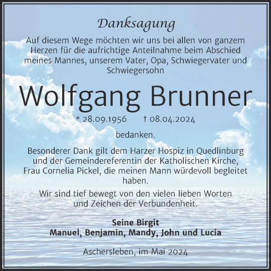Traueranzeige von Wolfgang Brunner von Trauerkombi Aschersleben