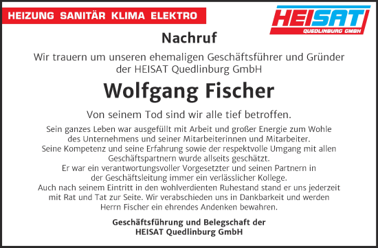 Traueranzeige von Wolfgang Fischer von Mitteldeutsche Zeitung Quedlingburg