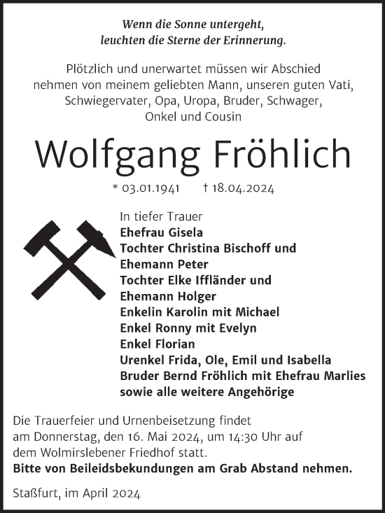 Traueranzeige von Wolfgang Fröhlich von Volksstimme Staßfurt