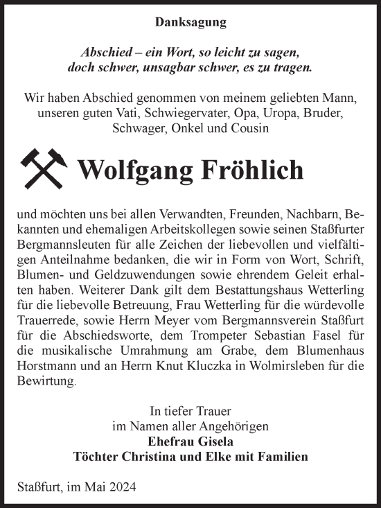 Traueranzeige von Wolfgang Fröhlich von Volksstimme Staßfurt