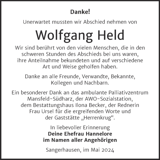 Traueranzeige von Wolfgang Held von Trauerkombi Sangerhausen