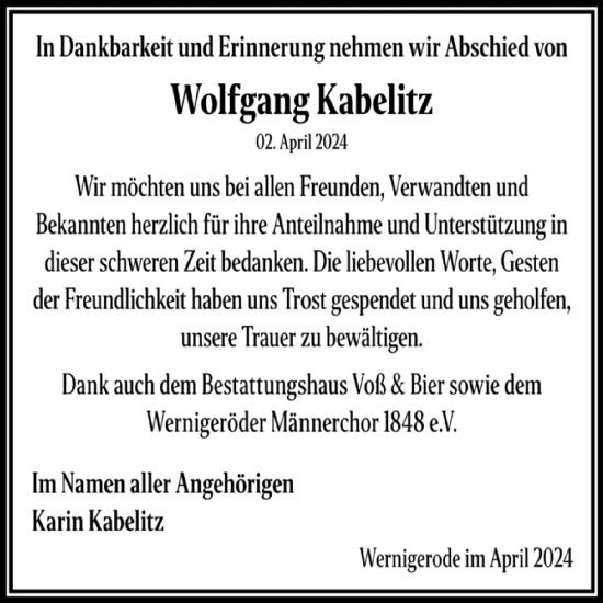 Traueranzeige von Wolfgang Kabelitz von Volksstimme Wernigerode